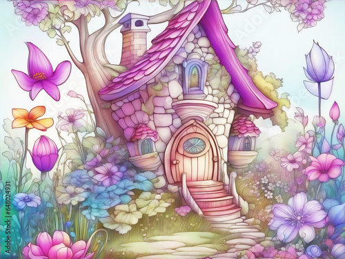 Fairytale  house with flowers, cute cartoon watercolor ink style illustration. © Cobalt