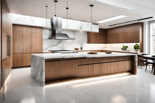 Design a minimalist kitchen with hidden appliances, a marble waterfall island, and under-cabinet lighting. photo