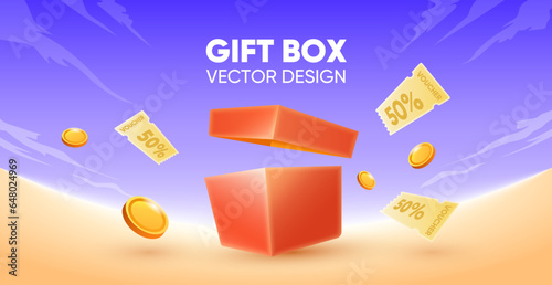 Vector opens gift box with discount card and coins flying around