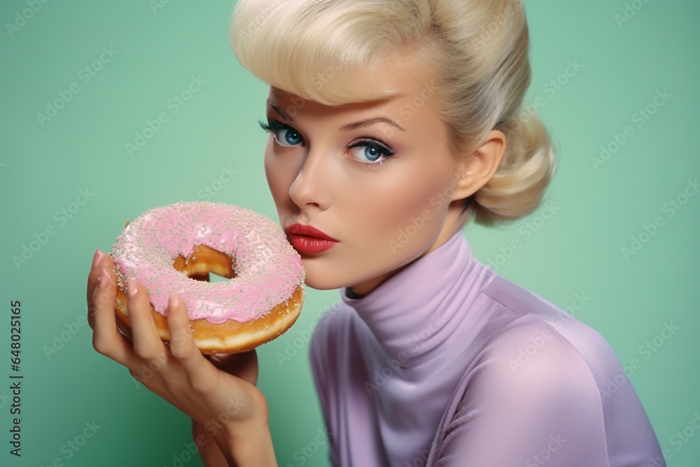 A beautiful blonde with 70s hairstyle, wearing a lilac turtleneck, is holding a pink donut. Retro food concept. Generative AI A beautiful blonde with 70s hairstyle, wearing a lilac turtleneck, is holding a pink donut. Retro food concept. Generative AI