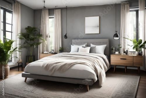 a serene bedroom with a platform bed  blackout curtains  and a soft  plush area rug.
