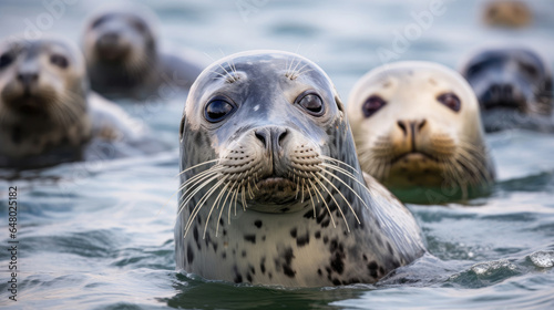 A group of gray seals close up in the wild