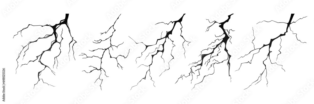 Lightning strike bolt silhouettes vector illustration set. Black thunderbolts and zippers are natural phenomena isolated on a white background. Thunderstorm electric effect of light and shining flash. Lightning strike bolt silhouettes vector illustration set. Black thunderbolts and zippers are natural phenomena isolated on a white background. Thunderstorm electric effect of light and shining flash.