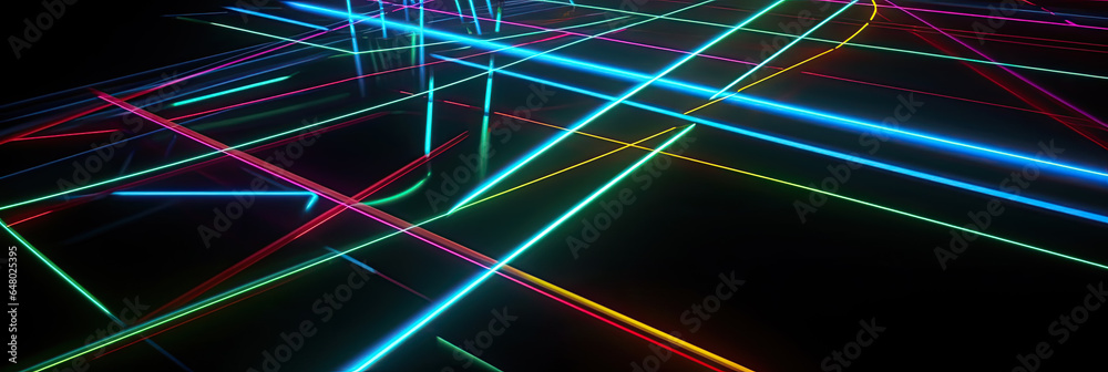 Digital, neon colored, illuminant lines crossing at night over dark background.