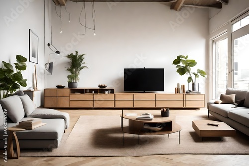  a contemporary living room with modular furniture, a minimalist media console, and ample natural light. photo