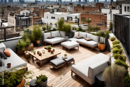  a rooftop terrace with minimalistic seating, potted plants, and a panoramic view of the city.
