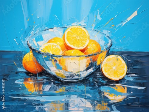 Wall art poster with Lemons in a white bowl on a blue background in abstract iimpressionism oil painting style photo