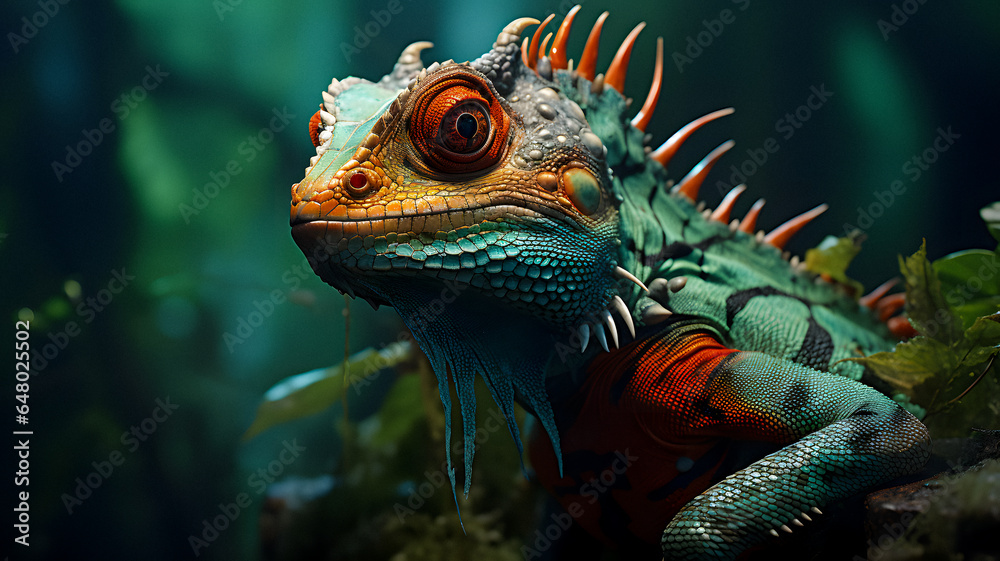 lizard with orange and green eyes sitting on a rock Generative AI