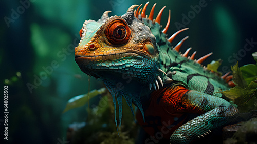 lizard with orange and green eyes sitting on a rock Generative AI © Ishika