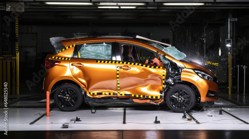 Small car in crash test impact collision to simulate damage photo