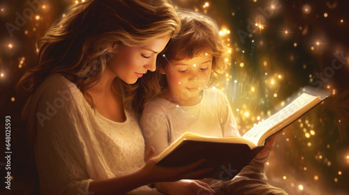 Mother and child reading a magical book on christmas
