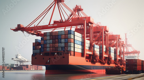 Shore crane loads containers in freight ship