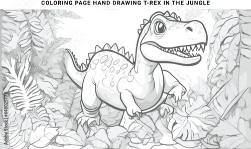 coloring page hand drawing dinosaur t-rex in the jungle