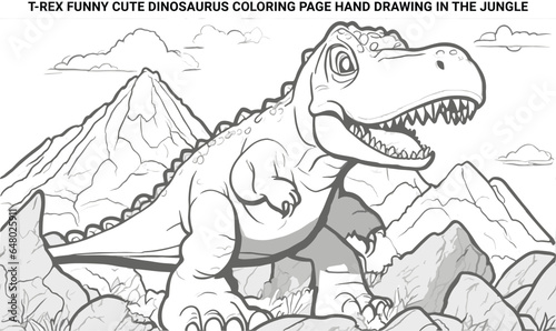 t-rex funny cute DINOSAURUS coloring page hand drawing in the jungle