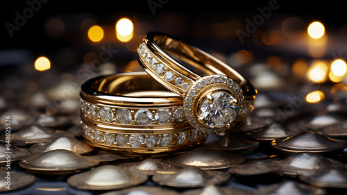 two gold rings with diamonds on them on a pile of coins Generative AI photo