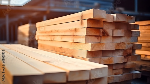 Timber wood board stack in a sawmill or Warehouse  sawing wooden board piles on a sawmill outdoors  construction material concept