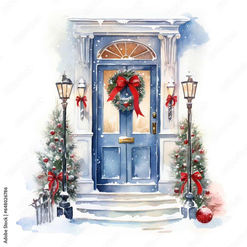 Fototapeta premium Watercolor decorated Christmas house doors on white background Generative AI