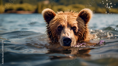 brown bear swimming in the water with a fish in its mouth Generative AI