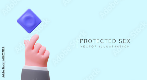 Realistic hand pointing to condom. Protected sex. Safe relationship. Prevention of venereal diseases. Avoiding pregnancy. Color poster of pharmacy, sex shop. Place for text