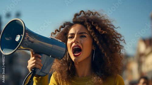woman with curly hair shouting with a megaphone in her hand Generative AI