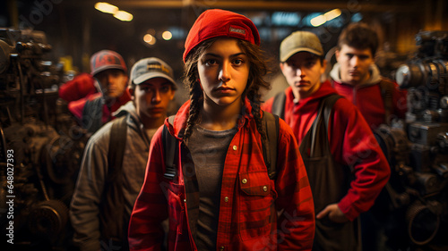 many people standing in a factory with one man wearing a red jacket Generative AI