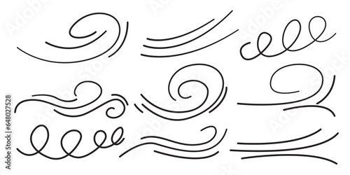 Wind Line Sketch Collection. Hand Drawn Doodle Air Blow, Wind Motion. Vector llustration Isolated Abstract Line.