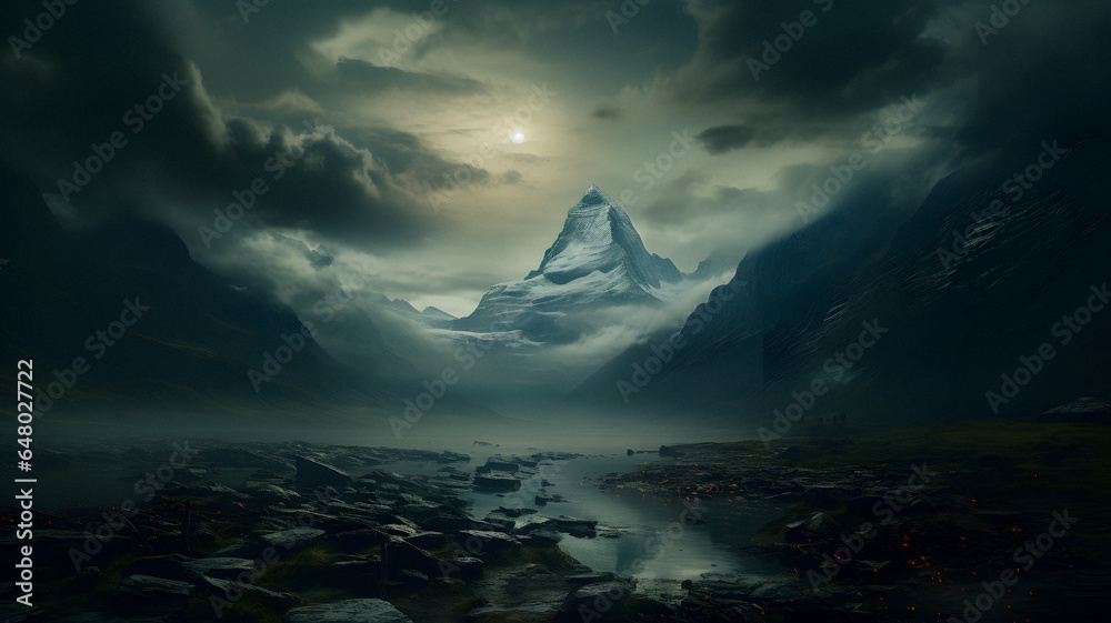 mountains and a river with rocks in the foreground under a cloudy sky Generative AI mountains and a river with rocks in the foreground under a cloudy sky Generative AI