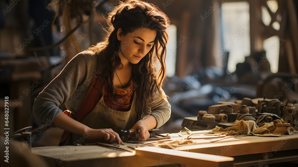 arafed woman working on a piece of wood in a workshop Generative AI - obrazy, fototapety, plakaty 