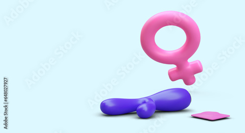 Toys for female masturbation. Safe sex. Homosexual relations, lesbians. Goods from sex shop for women. Female gender symbol. Color concept with place for text