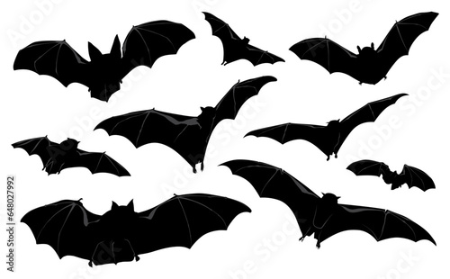 Spooky simple traditional horror Halloween vector symbols silhouettes of scary black creepy evil bats set flittermouse night creatures character flock pattern group fly isolated on white background.