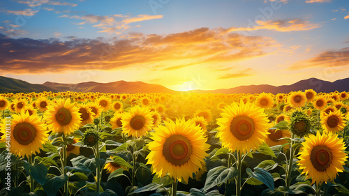 Beautiful sunflower field in the morning with sunlight.