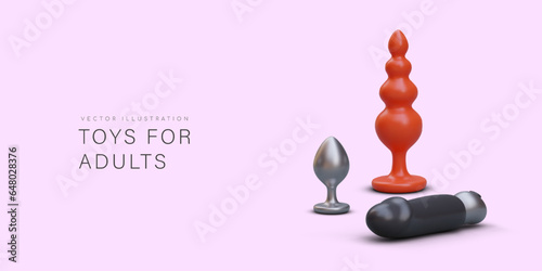 Toys for adults. 3D anal plug, vibrator. Stimulation of erogenous zones. Masturbation. Time to play. Banner of sex shop. Concept with place for promotional announcement, address, contacts