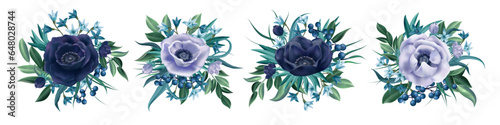 Vintage flowers. Isolated anemone, floral wedding print, summer or spring classic bouquet. plant leaf compositions, elements for decor, beautiful blue blossoms. Vector illustration exact set