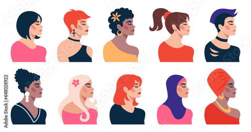 Women profile. Woman hair day, international people faces, girl hairstyle. Girls with different haircuts and accessories. Cartoon flat isolated illustration. Vector cartoon tidy silhouettes
