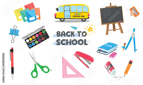 School supplies vector set. Back to school concept. Stationery supplies. Education theme. Flat vector in cartoon style. Globe, school bag, clock, color box, high light pen, book, blackboard, glasses