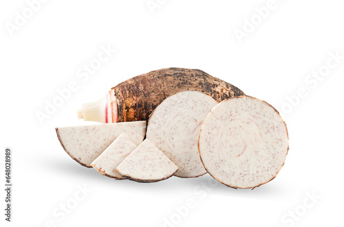 fresh taro cut and slices isolated on a white