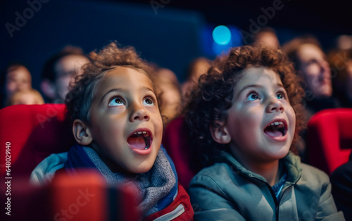 Two Children with astonished and surprised look watch a movie in the cinema