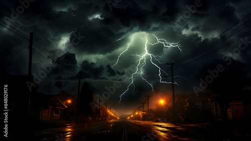 lightning strikes through the dark sky over a city street Generative AI © Ishika