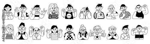 Doodle people. hand drawn sketch style women and men, body language and emotions, pointing, surprise and expression, characters communication. Social media user avatars. Vector outline set