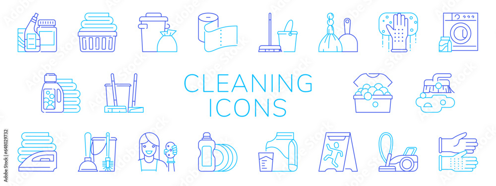 Cleaning service icons. House cleanup. Wet wipes for dust cleaner. Household symbols. Mop and broom. Laundry washer machine. Foam sponge and gloves. Vector flat housekeeping pictograms set