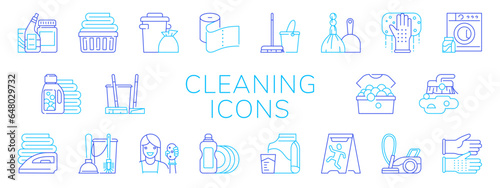 Cleaning service icons. House cleanup. Wet wipes for dust cleaner. Household symbols. Mop and broom. Laundry washer machine. Foam sponge and gloves. Vector flat housekeeping pictograms set