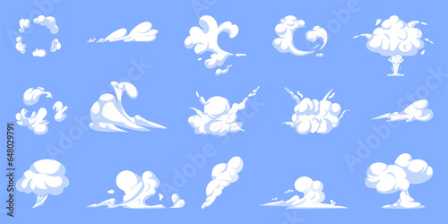 Clouds. Comic effects, explosion and fire puff, swirl cloud and dust smoke, wind stream, dust and mist, smog and vapor. White silhouettes set. Game design elements cartoon vector illustration
