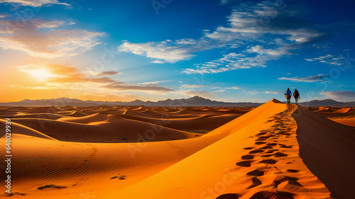 araffes walking on a sand dune in the desert at sunset Generative AI