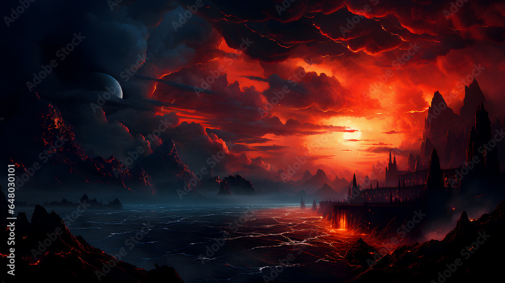 arafed view of a fantasy landscape with a bridge and a volcano Generative AI arafed view of a fantasy landscape with a bridge and a volcano Generative AI