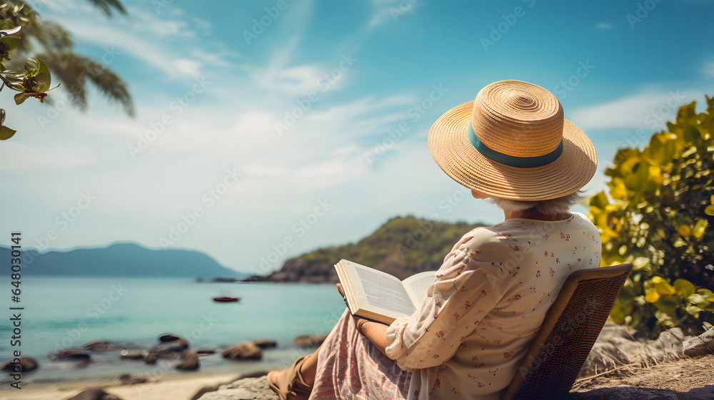 woman sitting on a chair reading a book on the beach Generative AI