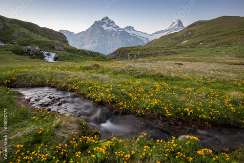 Panorama of Mt. Schreckhorn and Wetterhorn. Popular tourist attraction. Dramatic and picturesque scene. Place location Bachalpsee in the Swiss Alps Bernese Oberland, Grindelwald, Europe Flowing stream © Michal