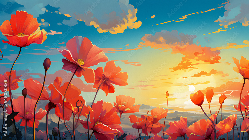 many red flowers in a field with a sunset in the background Generative AI
