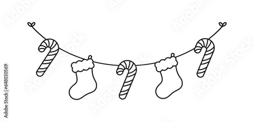 Christmas Stocking and Candy Cane Garland Outline Doodle Set Vector Illustration, Christmas Coloring Book Page Line Art Graphics for Kids, Festive Winter Holiday Season Bunting