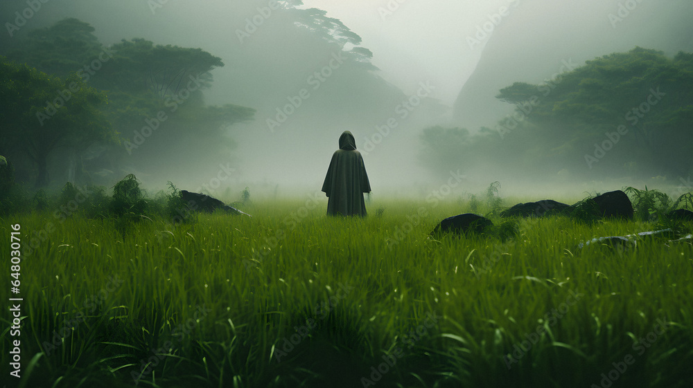 person standing in a field of grass with a umbrella Generative AI - obrazy, fototapety, plakaty 