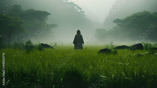 person standing in a field of grass with a umbrella Generative AI photo